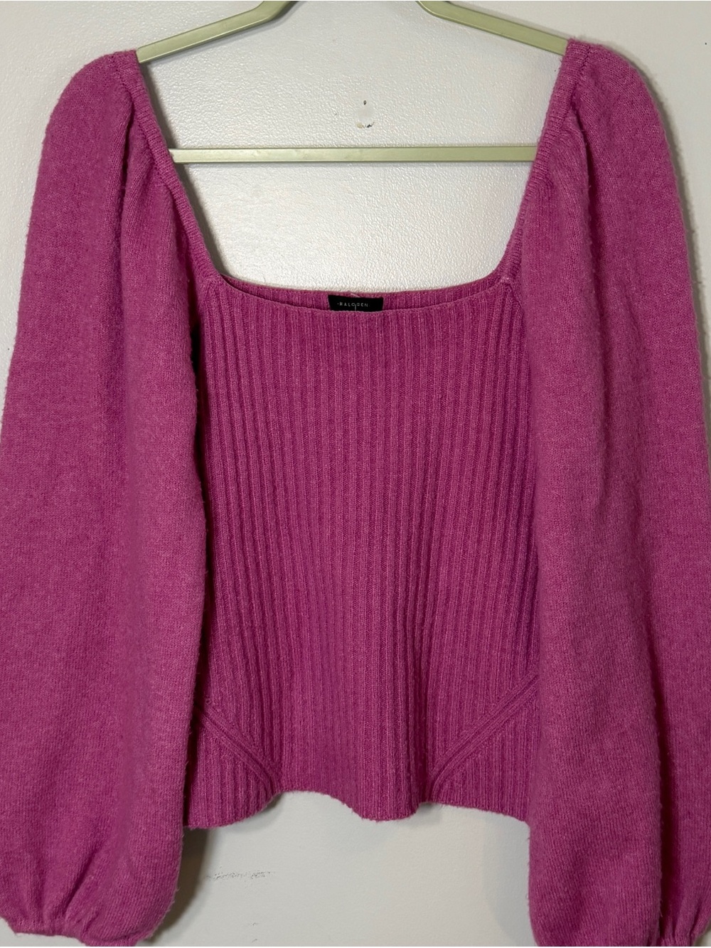 Halogen Fuchsia puff sleeve square neck sweater wool blend ribbed knit medium